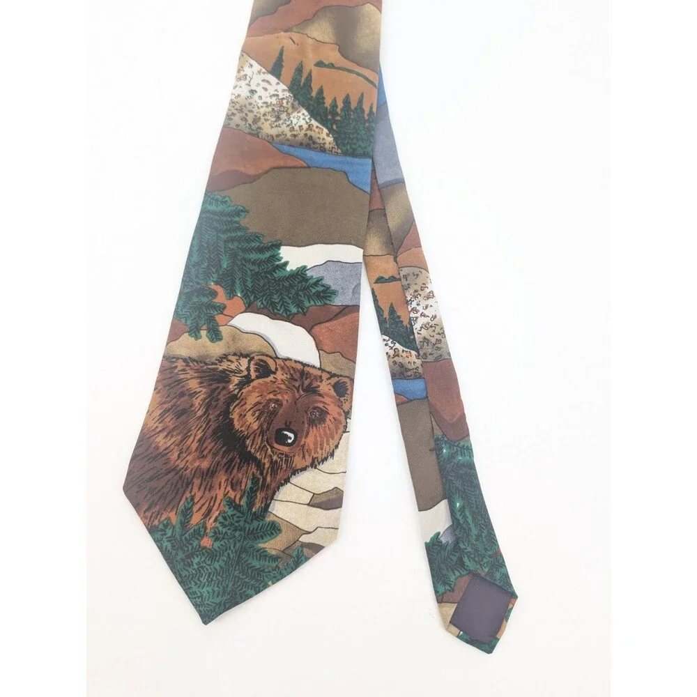 WWF World Wildlife Fund Grizzly Bear Vintage 90s  Necktie Silk Made in USA